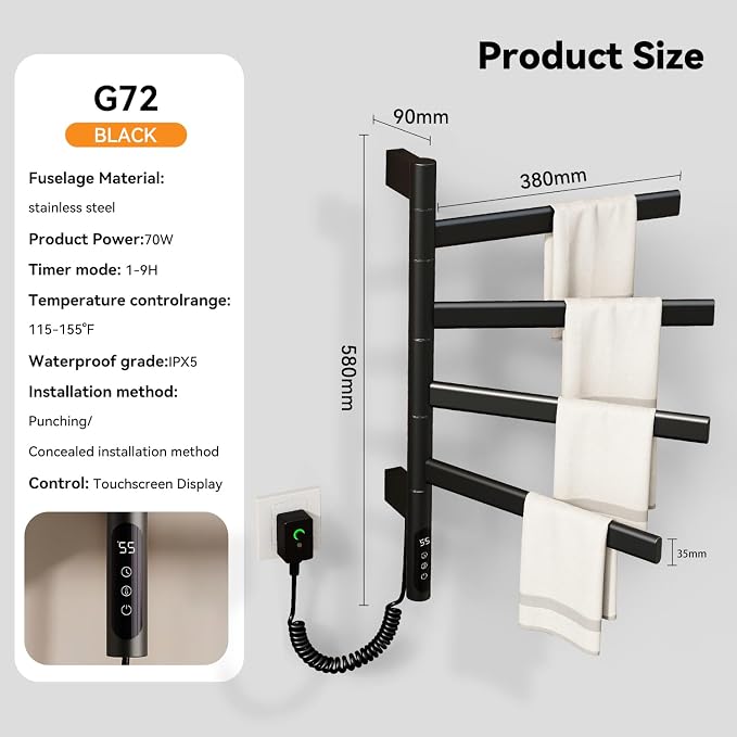 Swivel Heated Towel Rack Electric Towel Warmer Wall Mounted 4 Wider Square Bars - Image 2