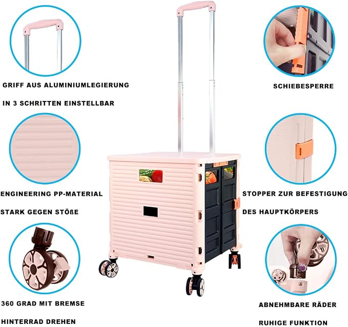 Foldable Utility Cart Folding Portable Rolling Crate Handcart Shopping Trolley - Image 6
