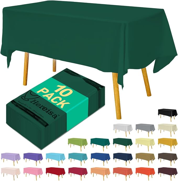 Disposable Dark Green Plastic Tablecloth 54x108 Inch, 10-Count Waterproof by Hereisa