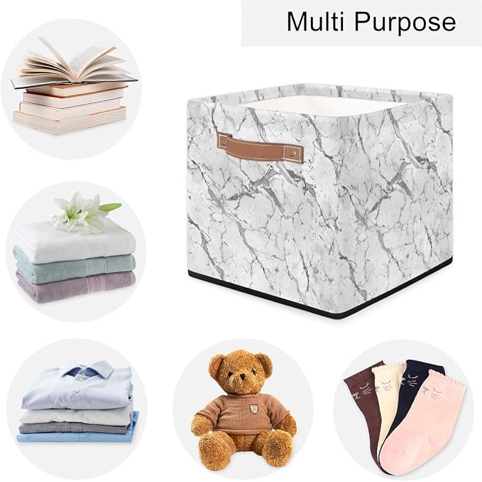 White Gray Marble Storage Basket 13x13x13 Inch Large Fabric Storage Box - Image 4