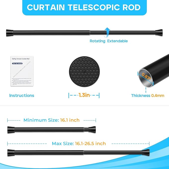 Black Small Tension Curtain Rod 16 to 26 Inch, 7/8" inch Adjustable Short - Image 2