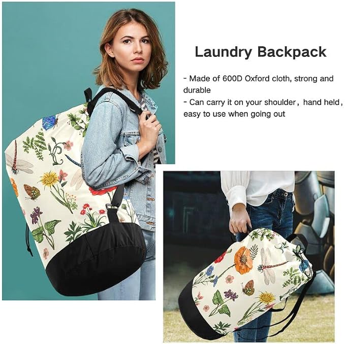 VIGTRO Spring Flowers Dragonflies Large Heavy Duty Laundry Backpack Hamper - Image 6