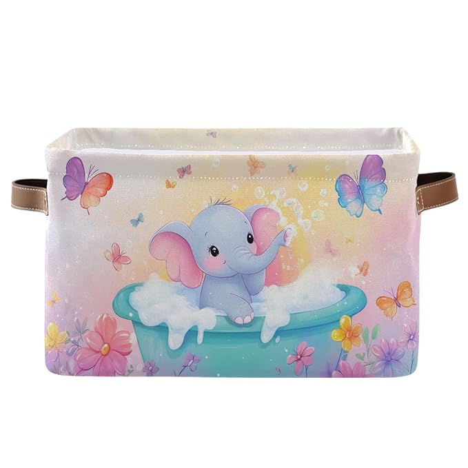 Elephant Butterfly Flowers Pink Rectangular Storage Bin Basket by DOMIKING