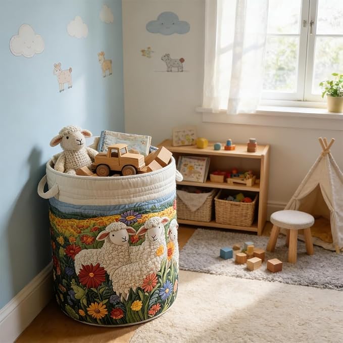 Quilted Laundry Basket with Handles, Boho Floral Fabric Storage Hamper - Image 5