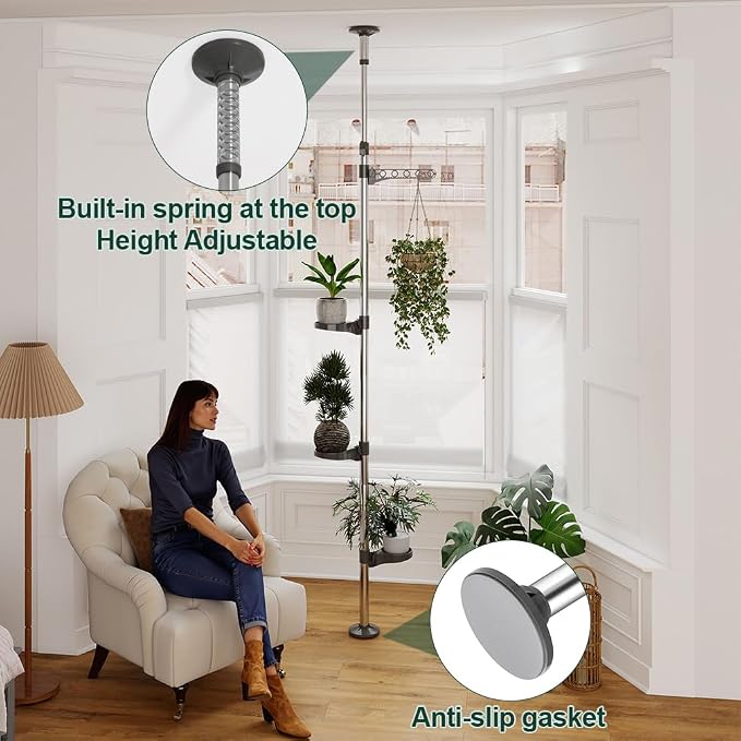 Hershii Indoor Plant Stand Pole Tension Rod Corner Standing Shelf Adjustable - Image 4