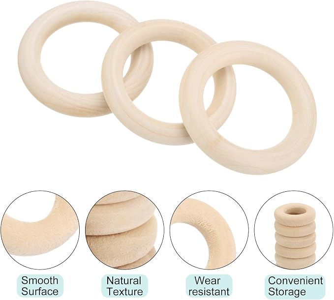 MECCANIXITY 5pcs 3" Unfinished Wooden Rings Smooth Natural Wood Macrame Rings - Image 3