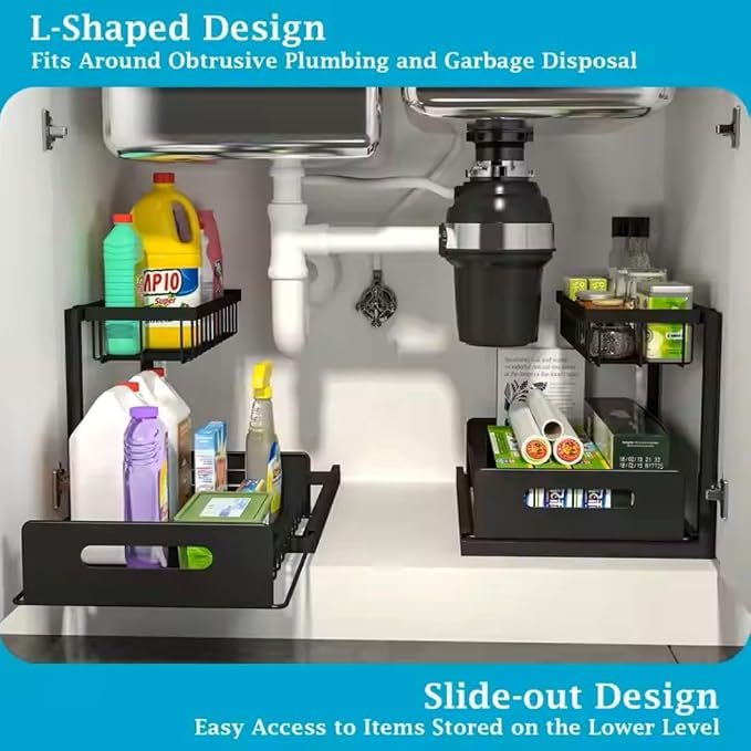 Under Sink Organizer 2-Pack – Sliding 2-Tier Metal Storage Rack, Pull-Out - Image 2