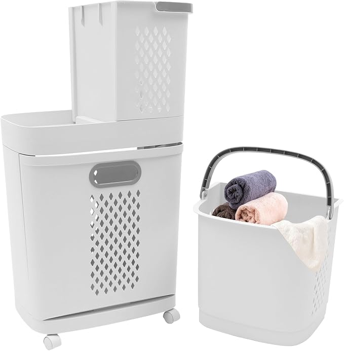 2-Tier Rolling Laundry Basket, Space-Saving Removable Clothes Hamper Organizer by Unknown