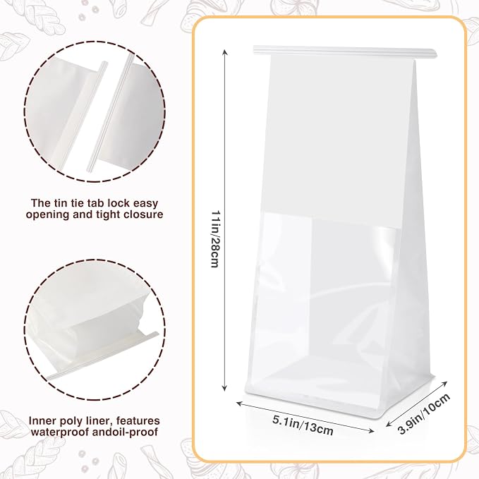 100 Pack Bakery Bags with Window, 5.1x3.9x11 Inches Paper Bread Packaging Tin - Image 2
