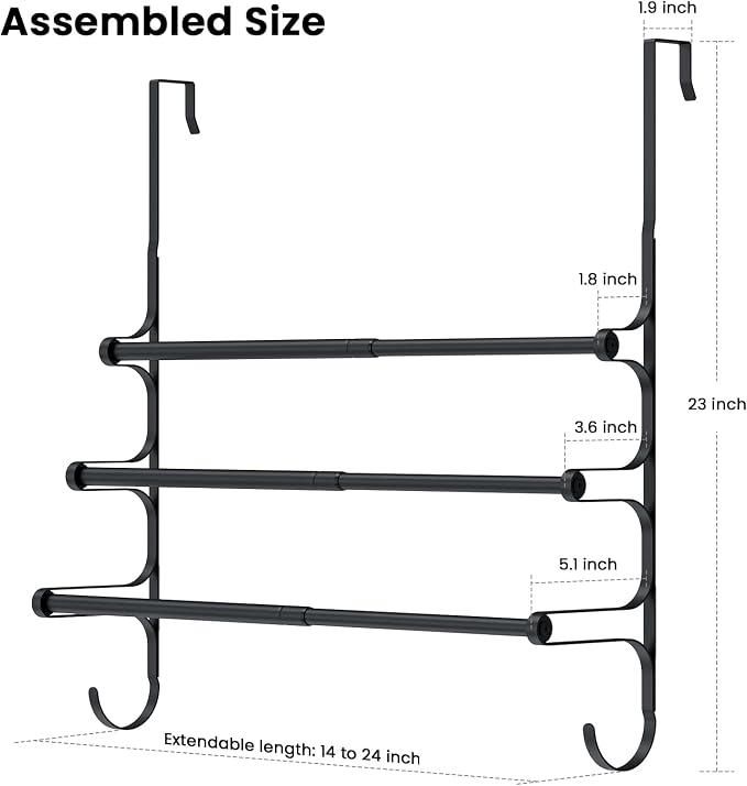 Over The Door Towel Rack, Extendable Triple Towel Storage Holder - Image 2
