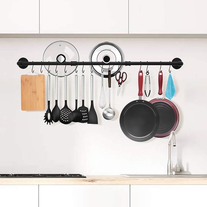 TLBTEK 50 inch Black Pipe Pot Bar Rack Wall Mounted Detachable Pans Hanging - Image 6