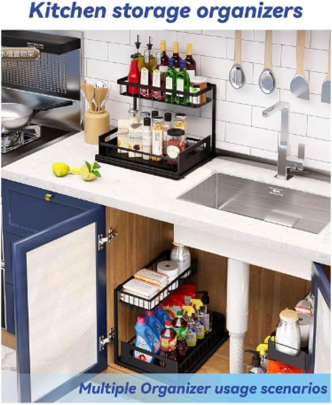 Under Sink Organizer 2-Pack – Sliding 2-Tier Metal Storage Rack, Pull-Out - Image 7