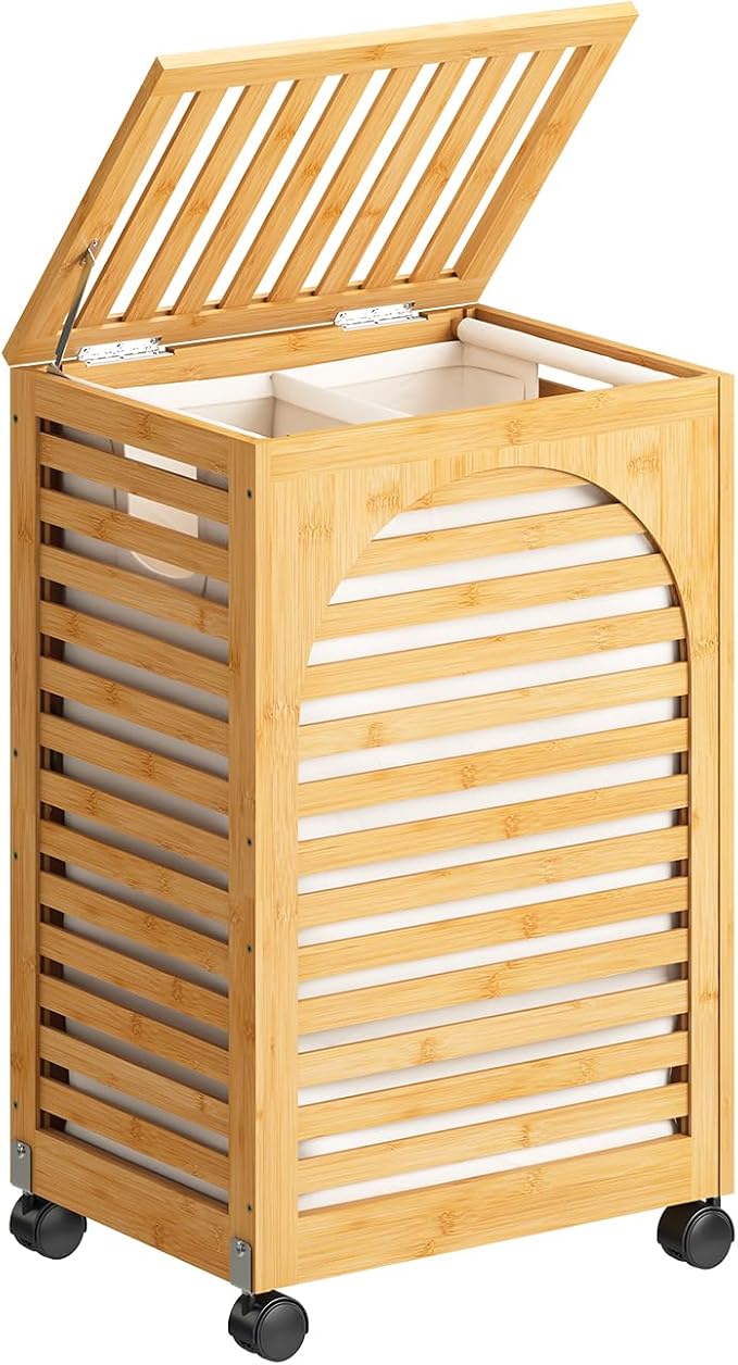 Laundry Hamper with Wheels, Laundry Basket with Lid, 22.5Gallon Bamboo Wood by VRICCC