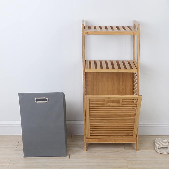3 Tier Bamboo Laundry Hamper, Large Capacity Free Standing Hamper - Image 5