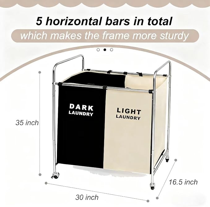 Double Compartment Rolling Laundry Sorter Cart - Image 2