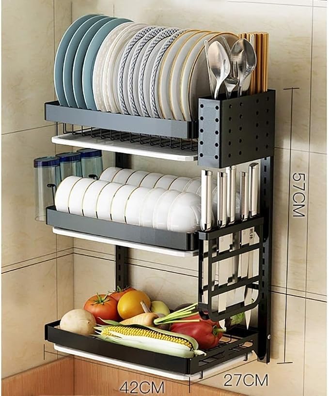 3 Tier Black 201 Stainless Steel Kitchen Wall-Mounted Dish Drying Rack Drain - Image 2