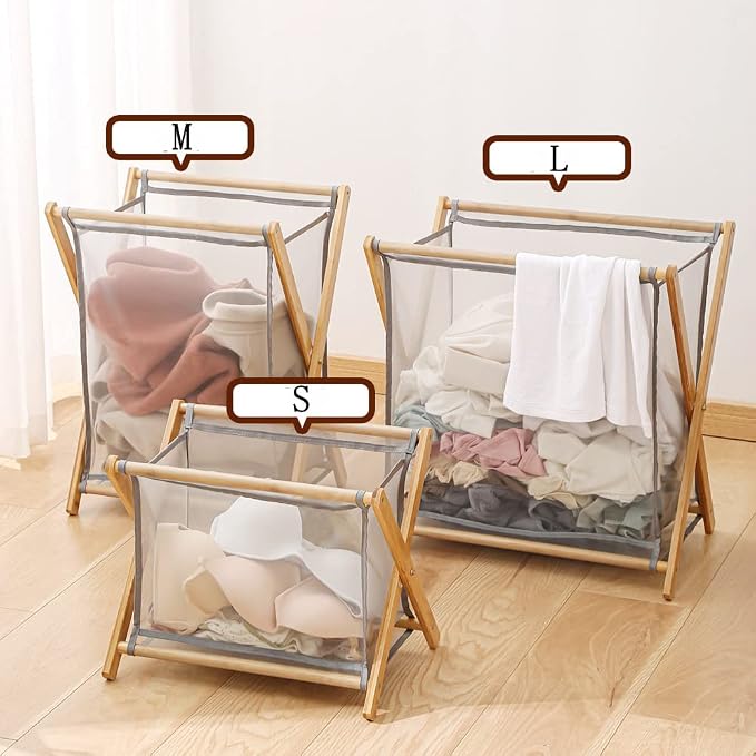 Bamboo Wood X-Frame Laundry Hamper Collapsible Dirty Clothes Laundry Basket - Image 3