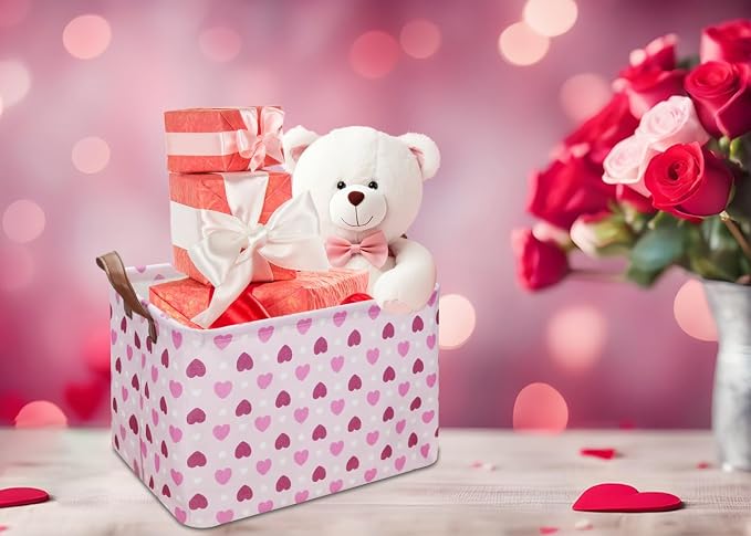 Rectangular Pink Heart Gift Basket Empty, Fabric Storage Basket - Image 2
