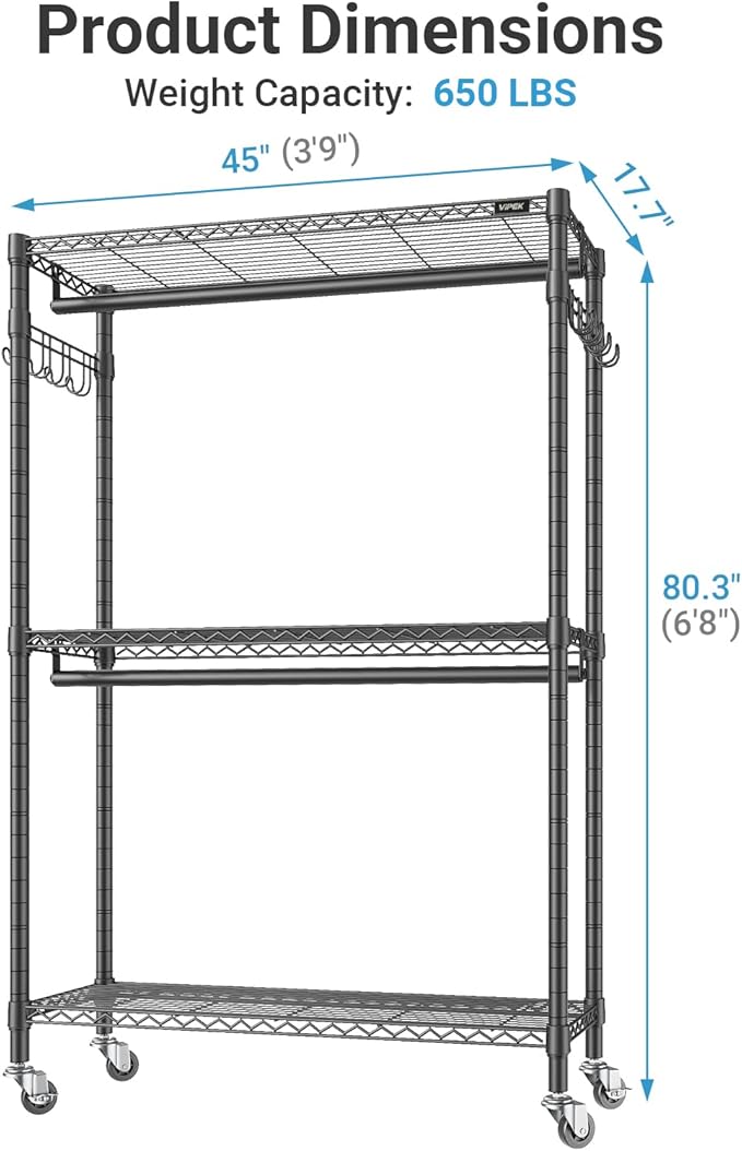 VIPEK R2 Plus Heavy Duty Rolling Garment Rack 3 Tiers Adjustable Wire Shelving - Image 6