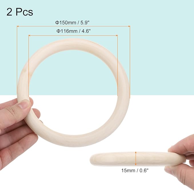 MECCANIXITY 4pcs 5.9" Unfinished Wooden Rings Smooth Natural Wood Macrame Rings - Image 2