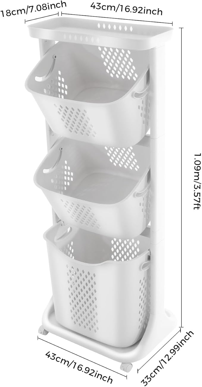 Laundry Basket 3 Tier Sorter Clothes Storage Hampe Organizer Shelf Rolling - Image 2