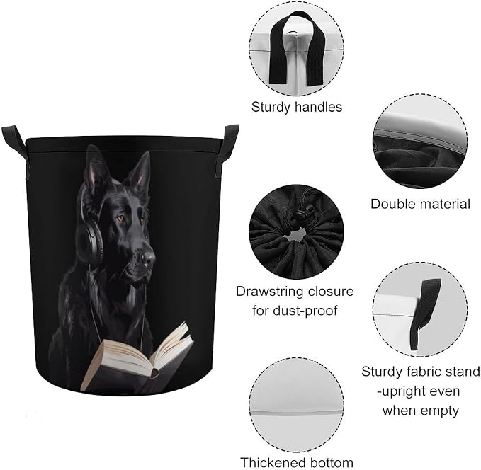 German Shepherd Wearing Headphones Reading Round Laundry Bag Collapsible - Image 4