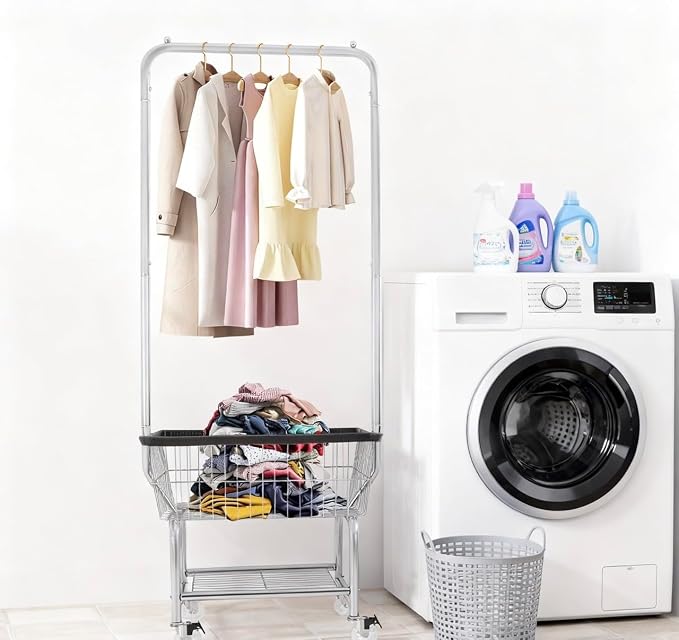 Laundry Cart with Hanging Rack 4-Bushel Rolling Laundry Hamper Basket Cart - Image 3