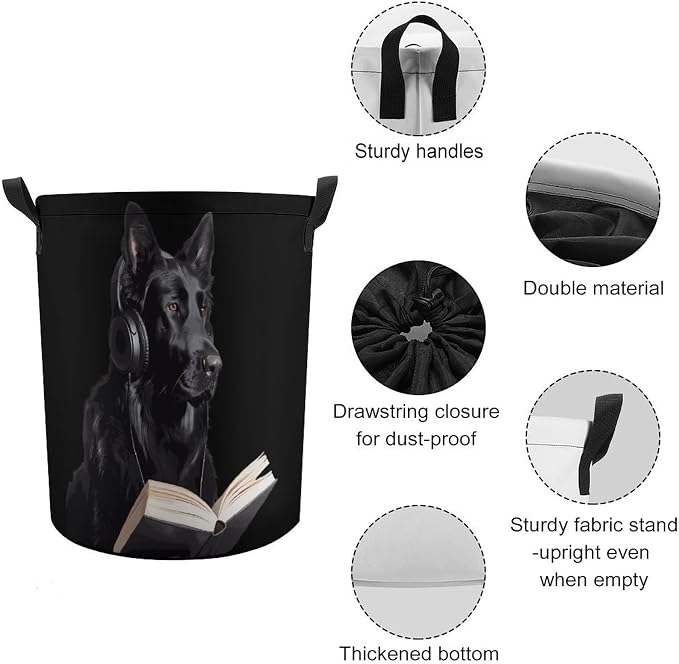 German Shepherd Wearing Headphones Reading Round Laundry Bag Collapsible - Image 4