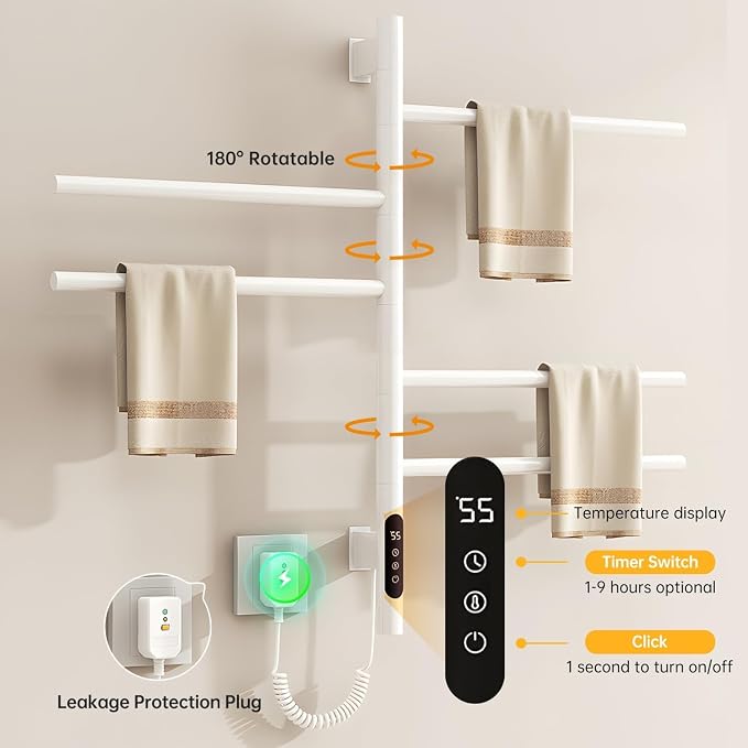 180°Rotation Electric Heated Towel Rack Wall Mounted Towel Warmer Racks 5 Bars - Image 4