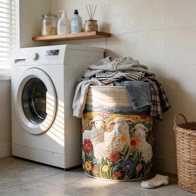 Quilted Laundry Basket with Handles, Boho Floral Fabric Storage Hamper - Image 3