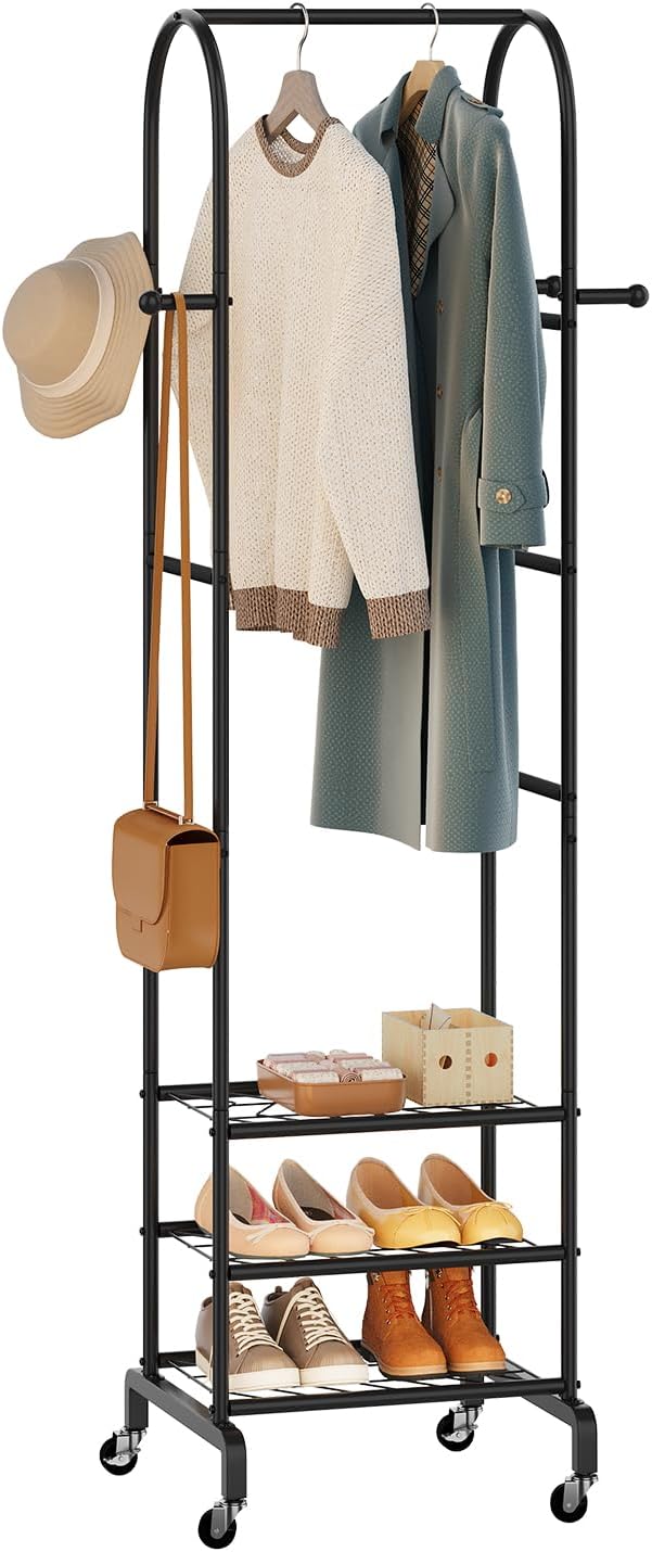 Garment Rack with Wheels, Small Metal Coat Rack With 4 Hooks, Freestanding by Furshus