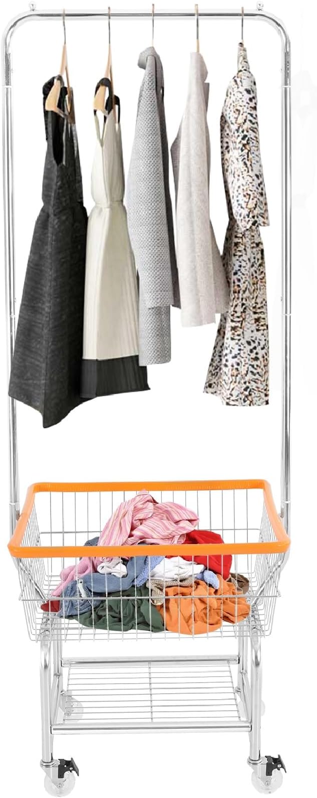 Wire Laundry Cart with Wheels & Hanging Rack, Heavy Duty Rolling Laundry Basket by Pinelicorn