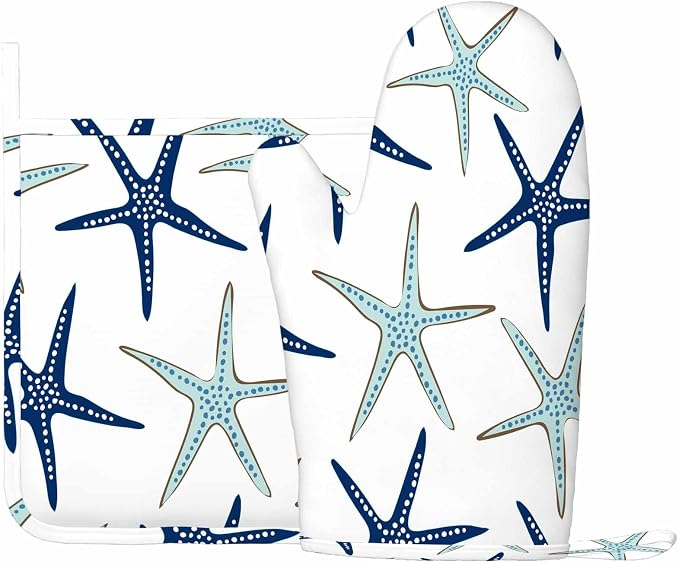 Mxocom Sea Stars Heat-Resistant Oven Mitts and Pot Holder Navy Blue and - Image 2
