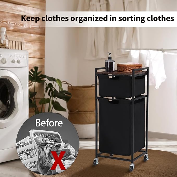 LUCKUP Laundry Hamper with Shelf, Laundry Sorter 2 Section with Removable Bags - Image 6