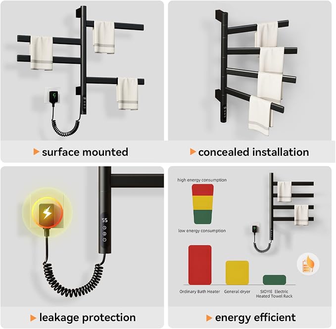 Swivel Heated Towel Rack Electric Towel Warmer Wall Mounted 4 Wider Square Bars - Image 4