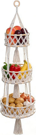3 Tier Hanging Fruit Baskets for Kitchen, Macrame Plant Hanger Cotton Rope by Unknown