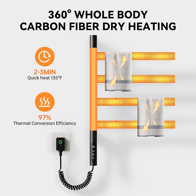 Swivel Heated Towel Rack Electric Towel Warmer Wall Mounted 4 Wider Square Bars - Image 3