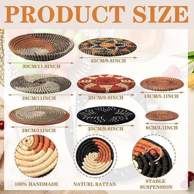 Tatuo 11 Pcs Boho Wall Basket Decor Decorative Bulrush Woven Basket Wall Decor - Image 4