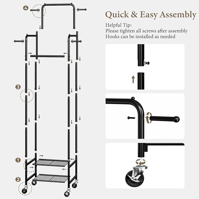 Chrislley Clothes Rack with Wheels, Small Rolling Garment Rack, 4 Hanging Rods - Image 6