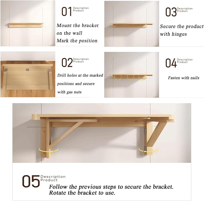 Wall-Mounted Folding Drop-Leaf Table Wood Floating Shelf Computer Desk - Image 7
