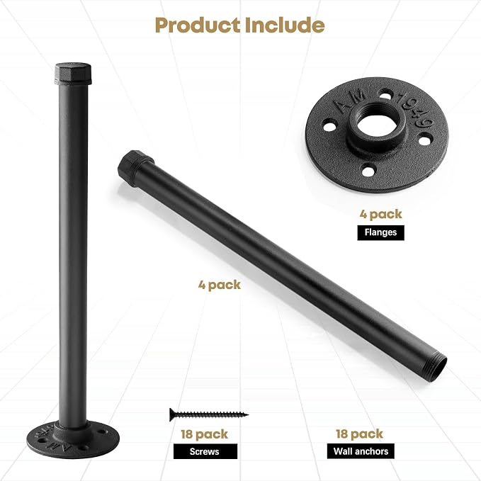 Industrial Pipe Clothing Rack 12 Inch 4 Pack, Closet Rod - Image 4