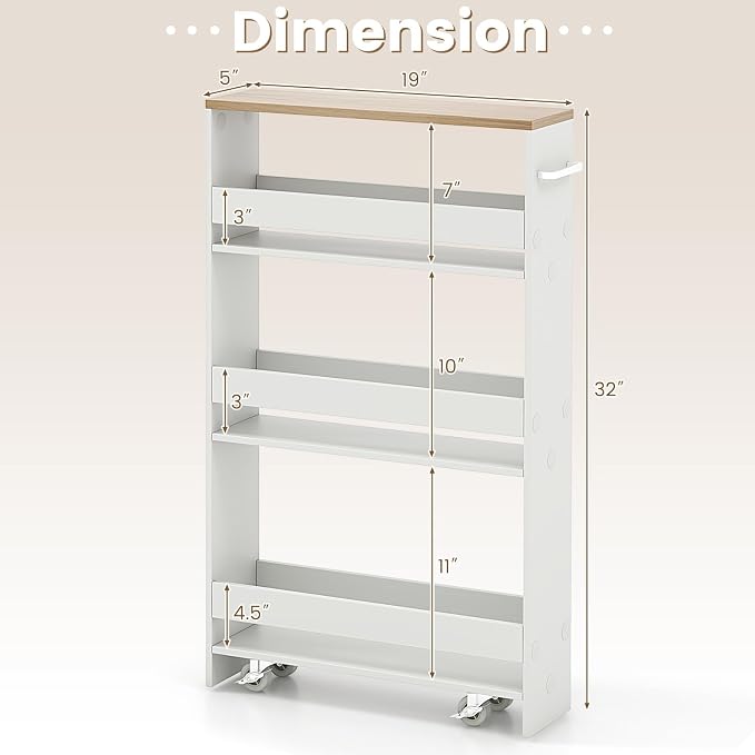 Slim Rolling Storage Cart, 4-Tier Kitchen Utility Carts on Wheels, Wood - Image 6