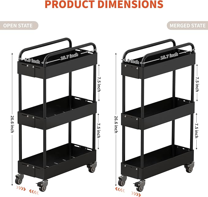 HOTEAGLE 3-Tier Rolling Cart Metal Expandable Utility Carts - Image 7