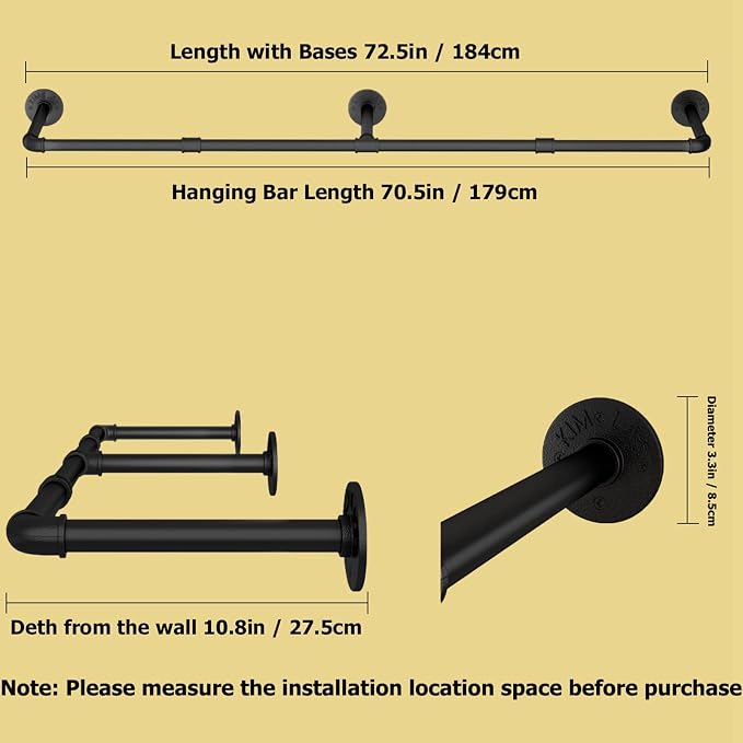 Wall Mounted Clothes Rack 72.5in, Industrial Pipe Clothing Racks Wall Mount - Image 3