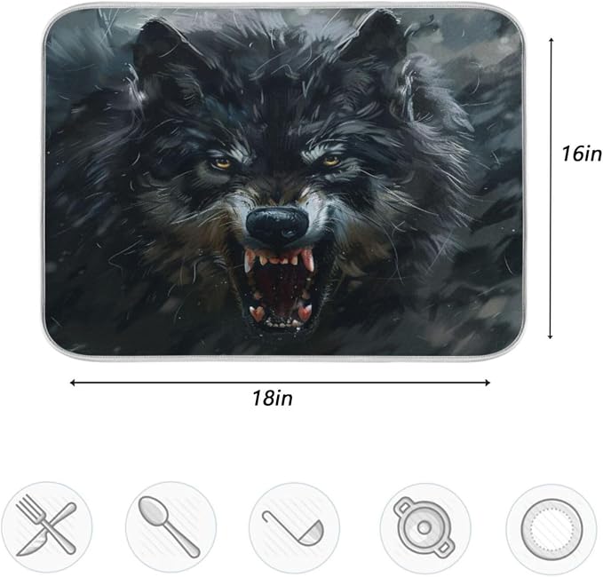 Vivid Print Kitchen Countertop Dish Drying Mat, Angry Howling Wolf Absorbent - Image 5