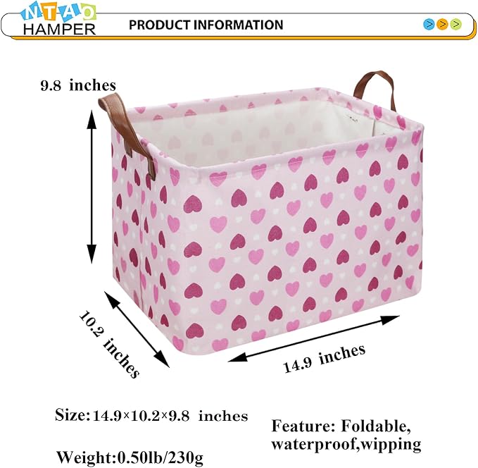 Rectangular Pink Heart Gift Basket Empty, Fabric Storage Basket - Image 6
