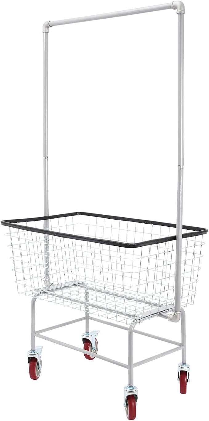 Laundry Cart with Wheels, Metal Laundry Hamper with Storage Basket and Hanging - Image 3