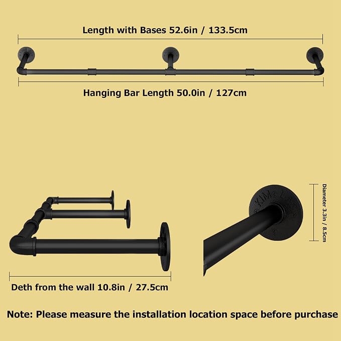 Wall Mounted Clothes Rack 52.6in, Industrial Pipe Clothing Racks Wall Mount - Image 2