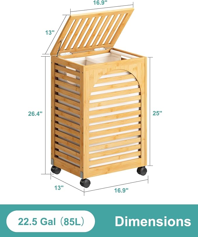 Laundry Hamper with Wheels, Laundry Basket with Lid, 22.5Gallon Bamboo Wood - Image 8