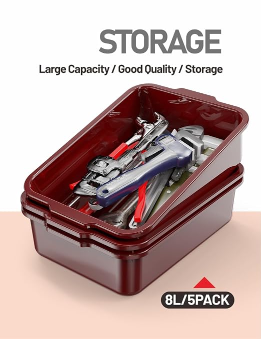 5-Pack Commercial Bus Tubs Box/Tote Box, Wine Red Plastic Storage Bin - Image 4